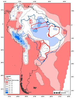Gravity and lithospheric thickness in South America. The Parnaiba basin is characterised by a negative free air gravity anomaly and relatively thick lithosphere. (Data care of Professor D. McKenzie, Cambridge University)